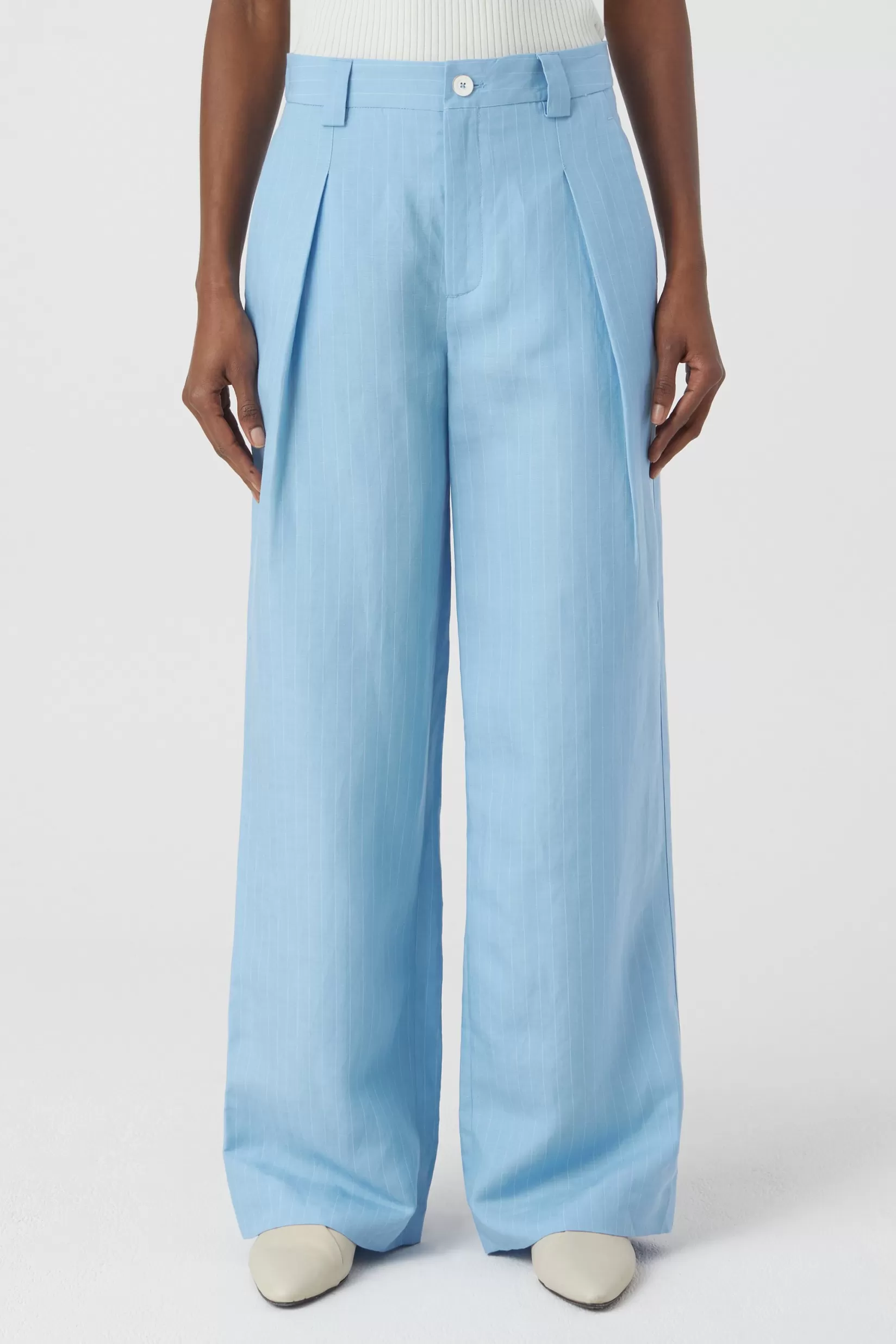 Fashion CLOSED Brooks Striped Linen Blend Pants Blue Morning Sky